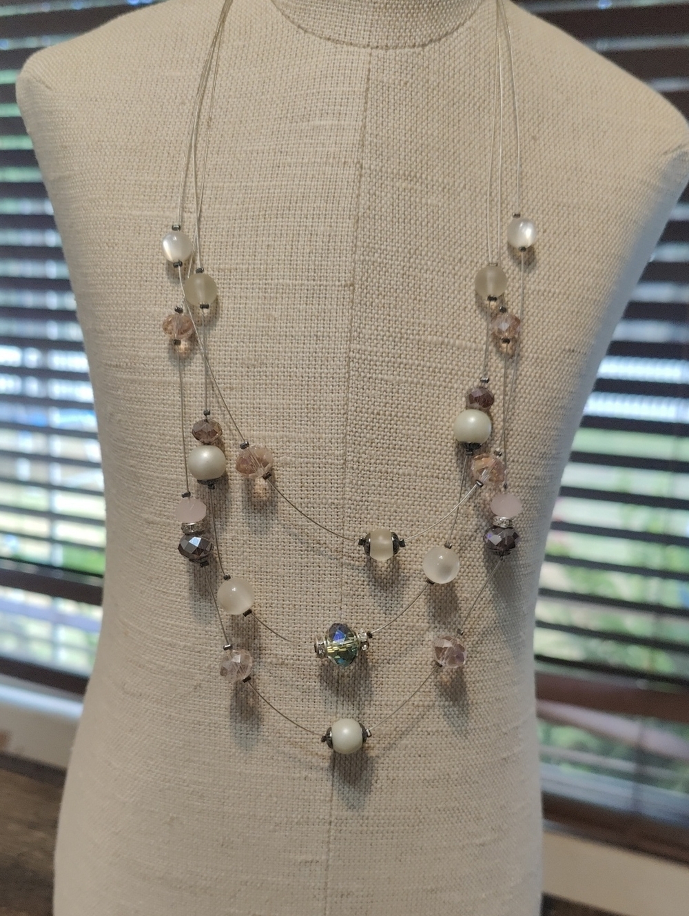 Multi-Strand Pearl and Crystal Bead Necklace - White & Light Pink